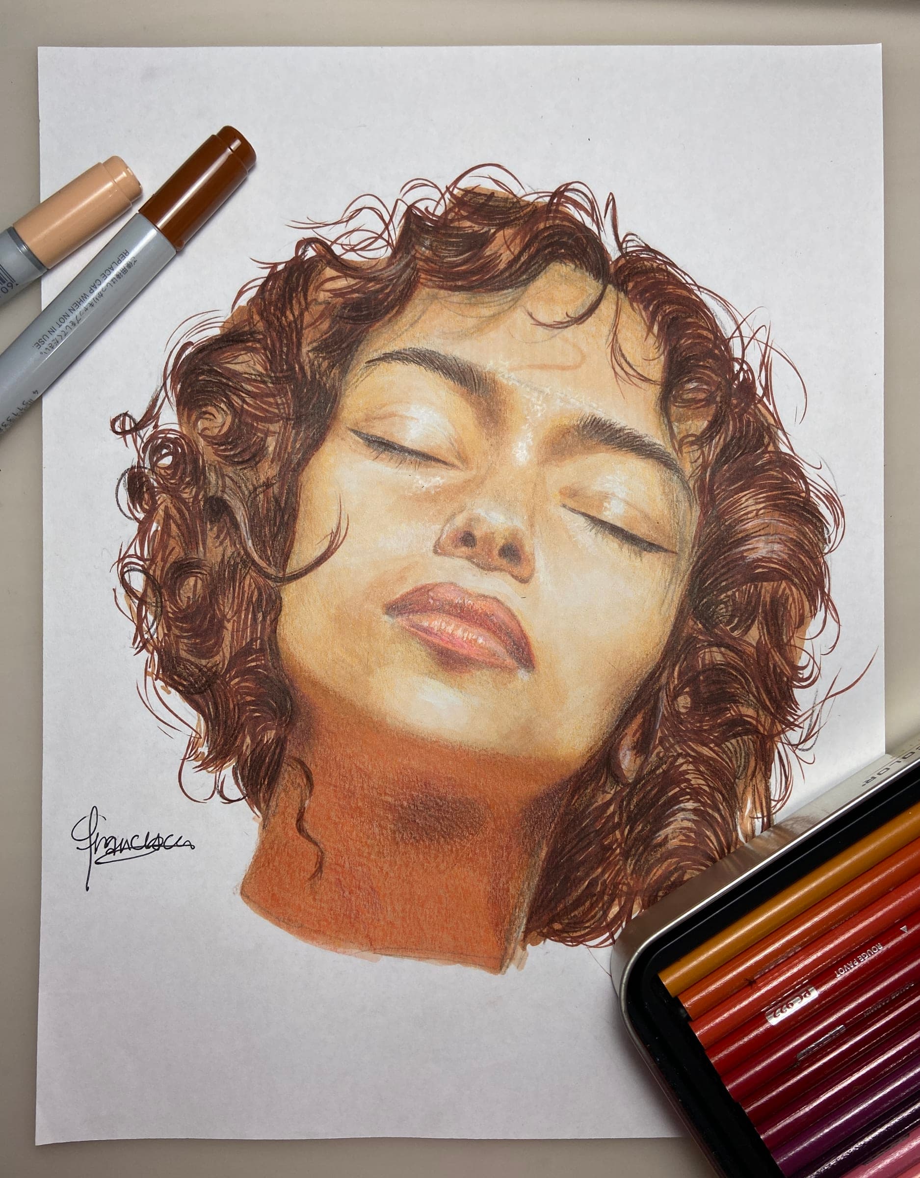 Drawing of girl with curly hair